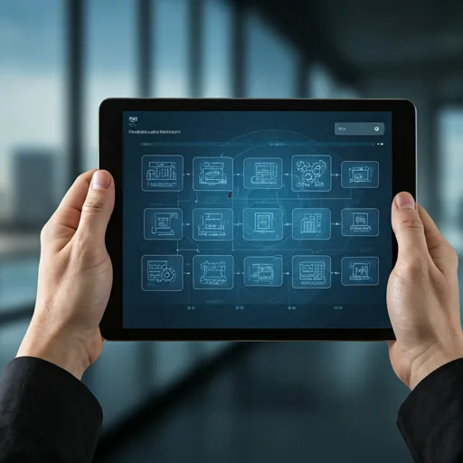 Diagrama técnico de plataforma en tablet — APIs, datos y componentes etiquetados.